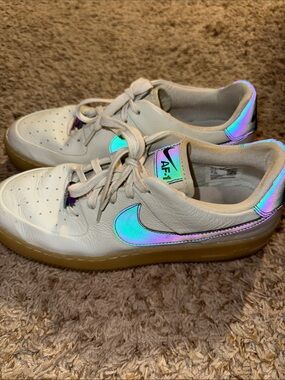 Nike Women's White Sneakers with Iridescent Green-Purple Swoosh